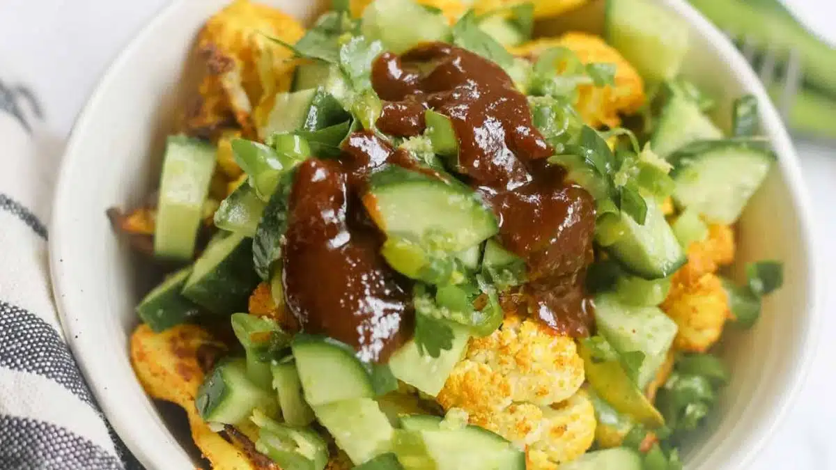 Roasted Cauliflower with Chickpeas, Cucumber Salsa and Tamarind Chutney
