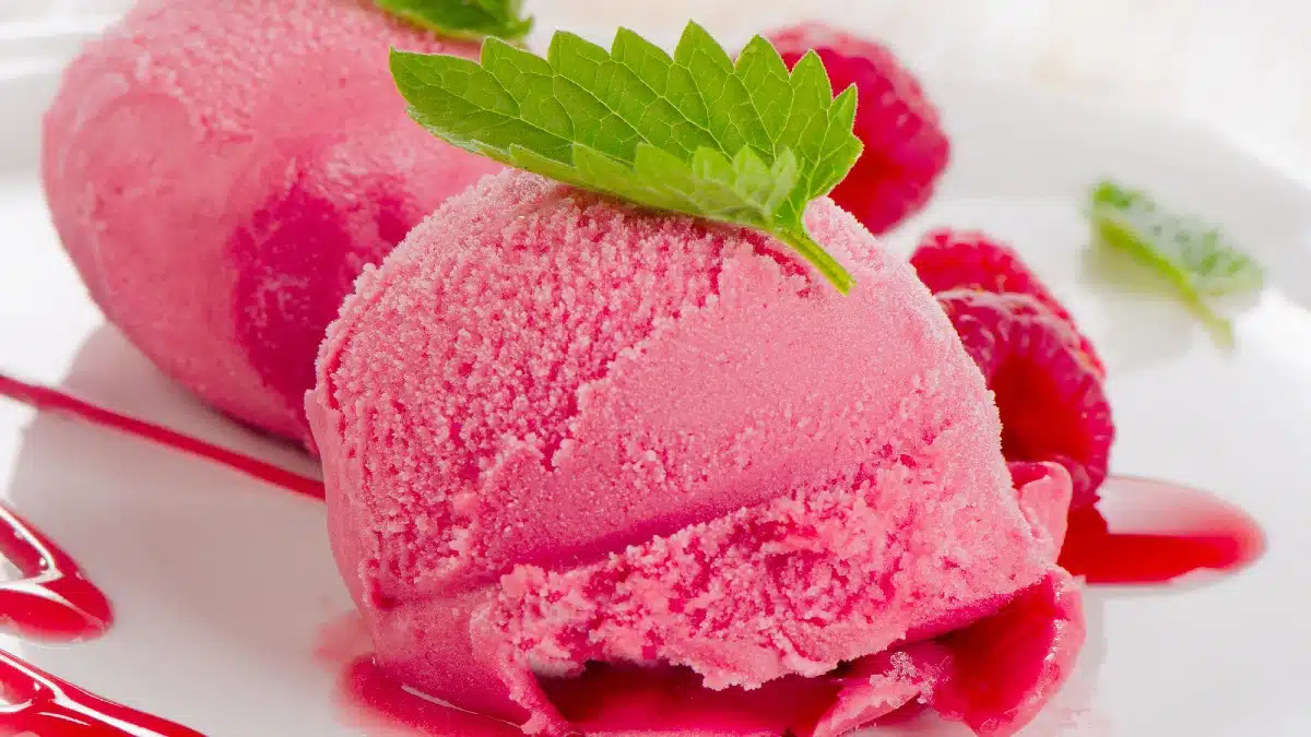 Raspberry Sorbet with fresh mint