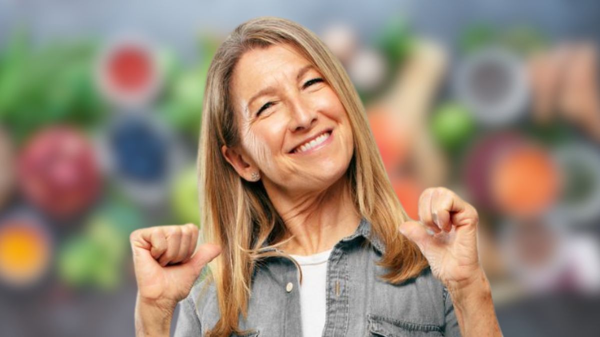 mature woman happy in front of food
